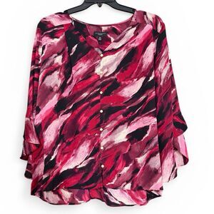 Investments Womens 2X Blouse Top Red Black Marbled V Neck Button Bell Sleeve